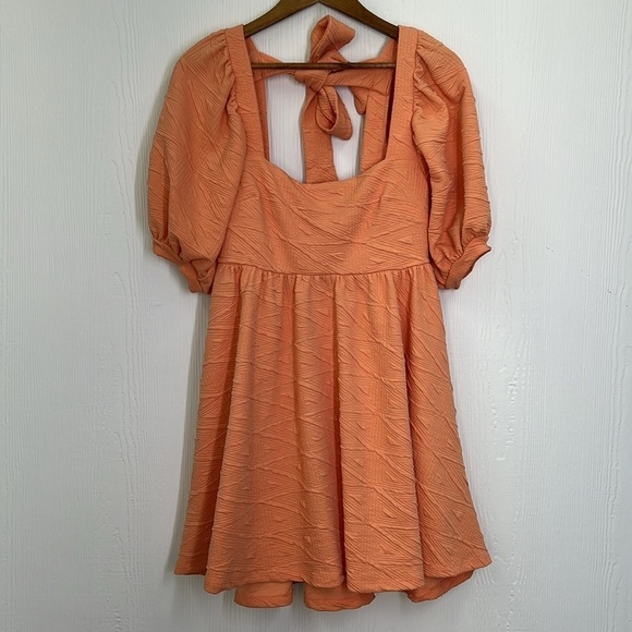 Free People - Orange Square Neck Puffy Sleeves Fun Design Mini Swing Dress Sm - Picture 6 of 9
